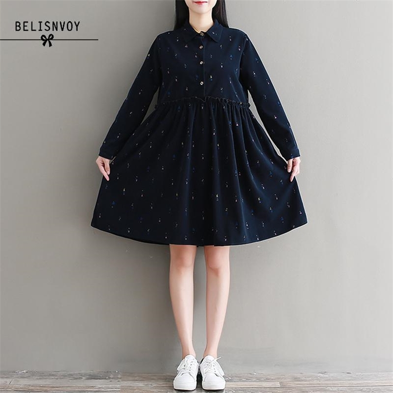 

Vintage Spring Autumn Women Corduroy Dress Stand Collar Full Sleeve Printed Vestidos Elegant Mori Girl Cute Dresses Plus Size 2X 210520, The picture color