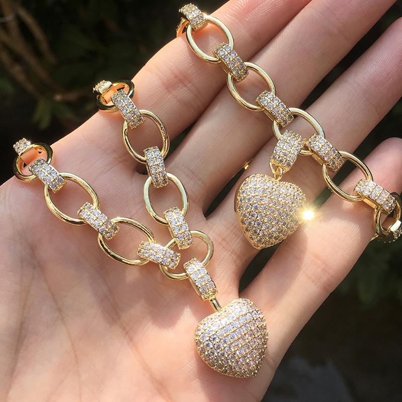 

Earrings & Necklace Micro-Paved Cubic Zirconia Gold Color Pendant Bracelets Bangles Sets For Women Jewelry Heart Shape, Silver