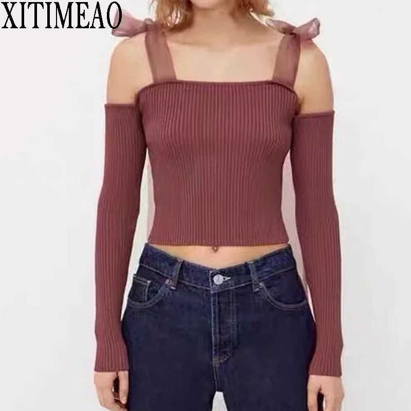 

ZA Women Sweet Fashion Bow tie Knitted Blouses Vintage Backless Thin Straps Female Halter Tops Chic 210604, As picture