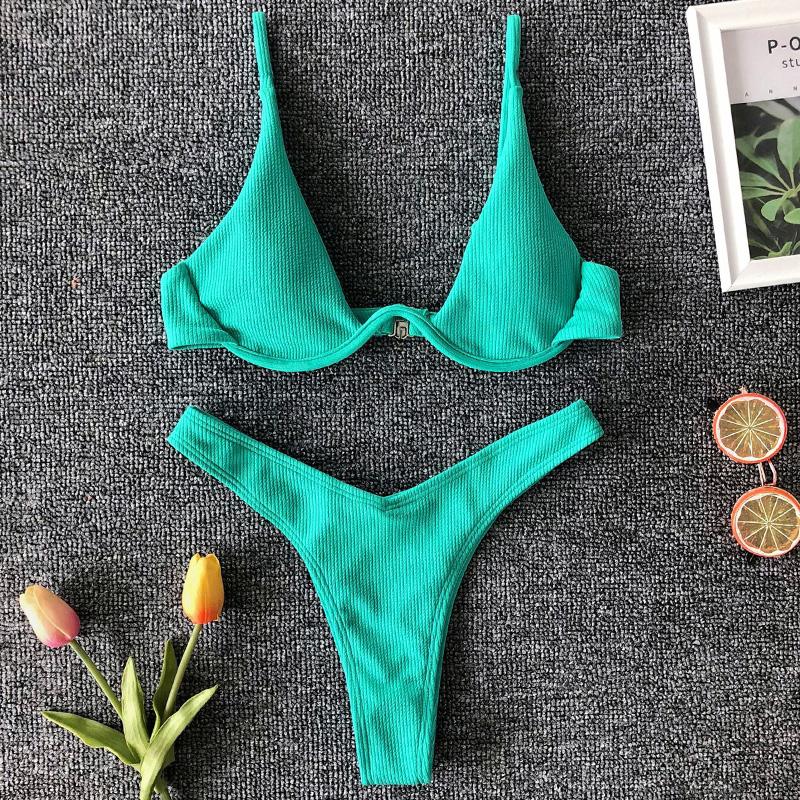 

One-Piece Suits Sexy Neon V-bar Underwired Bikini 2021 Female Ribbed Swimsuit Women Thong Swimwear Two-pieces Set Push Up Bathing Suit