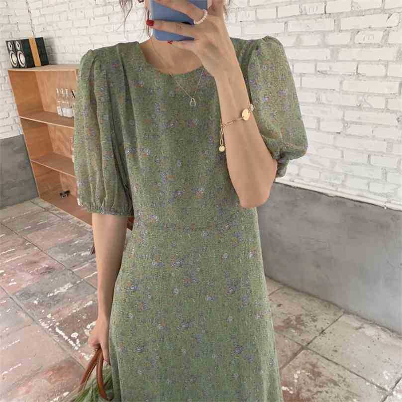 

Green Florals Chic Lady Short Sleeves Summer Printed Chiffon Thin Casual Femme Loose Long Sundress Vestidos 210525, Photo color