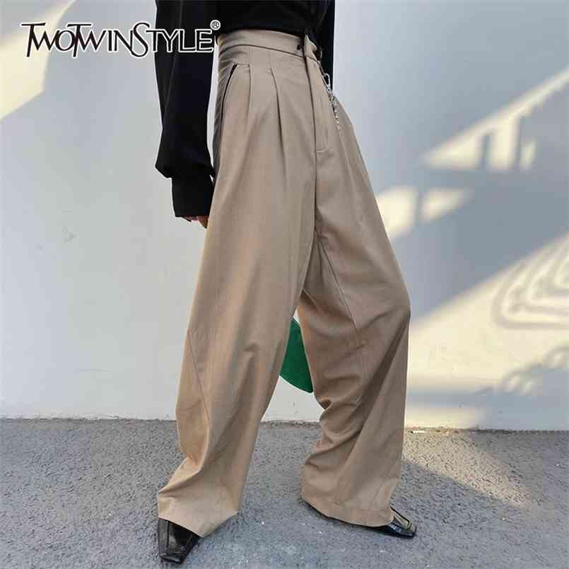 

Loose Patchwork Chain Trouser For Women High Waist Casual Wide Leg Pants Female Fashion Clothing Spring 210521, Khaki