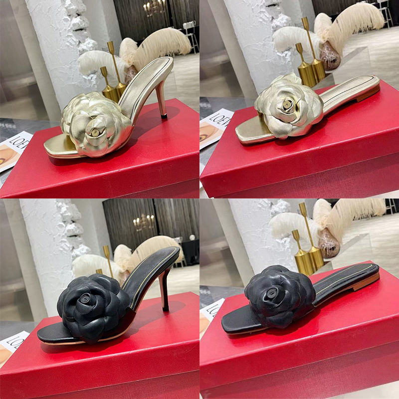

Designer Sandal Women 03 Rose Edition Flat Slide Sandals Sexy Kidskin Leather 3D Petals High Heels 55mm Summer Beach Slippers 279, Black