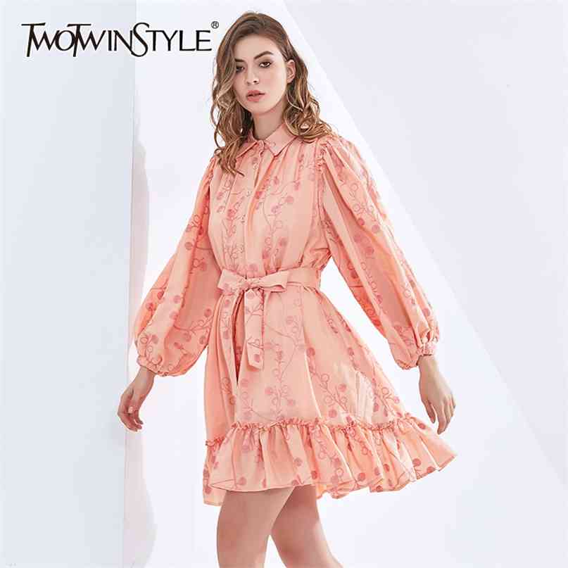 

Elegant Patchwork Embroidery Women's Dress For Women Lapel Long Sleeve High Waist Bowknot Print Pink Dresses Female 210520, Aspicture