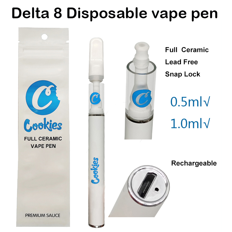 

Cookies Disposable Empty Vapes Pen 1ml Full Ceramic Pens E Cigarettes Cartridges 0.5ml Snap on Mouthpiece 290mah Rechargeable Battery Lead Free with Packaging Bag