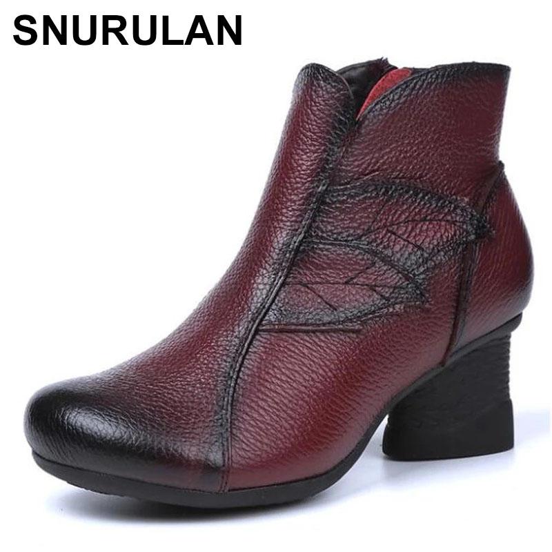 

Boots SNURULAN Women's 100% Leather Winter Womens Shoes Thick With Velvet Ankle Women Zapatos De, Black