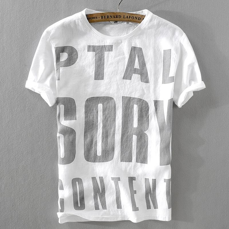 

Men's T Shirts 2021 Summer Casual Linen T-shirt Breathable Letters Printed Tops Men Loose Stretch Fashion Camiseta 3XL, White