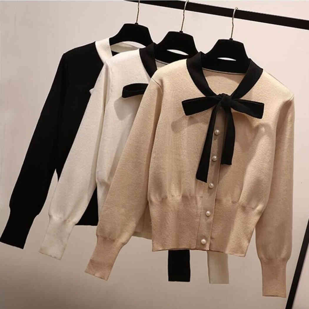 

Elegant Ladies Sweaters Pearl Bow Tie Neck Women Pullovers Casual Patchwork Pull Sleeve Jumper Slim Long Knitted 210429, Black