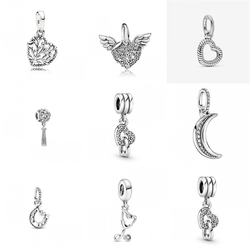 

2021 new 925 Sterling Silver Good Luck Horseshoe angel wing moon family tree Dangle Beads Fit Original Pandora Charm Bracelet 1263 Q2, Golden;silver