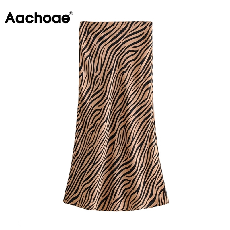Aachoae Elegant Zebra Print Skirt High Waist Office Wear Midi Skirts Fashion A Line Satin Skirts Womens Mujer Faldas 210412Z