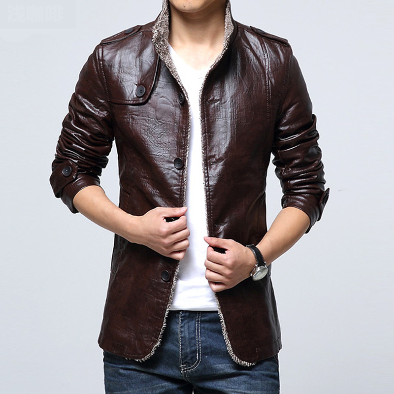 

Khaki color Solid color pattern men s leather jacket high-quality stand-up collar retro comfortable Windproof and warm fashion travel commute, Black
