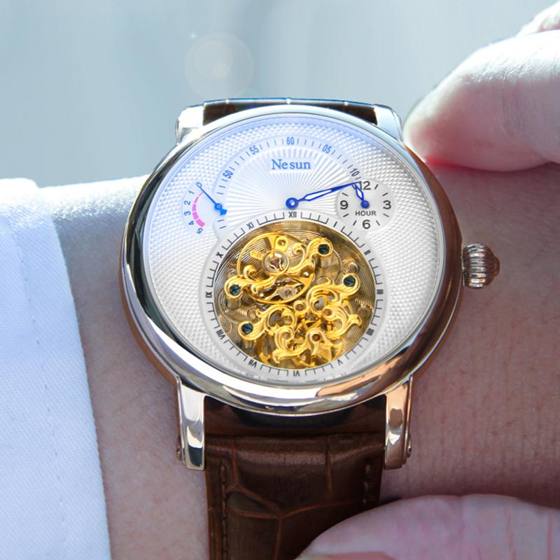 

Wristwatches Nesun Brand Trend Business Automatic Mechanical Watch Men's Fashion Waterproof Hollow Tourbillon Sports Relogio Masculino, Steel-black