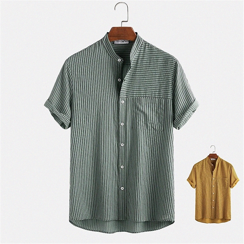 T-shirt pour hommes Autres impressions à rayures Holdless Holdless Outdoor Button-Down imprimé à manches courtes Tops Casual Vert Jaune / Été B3R