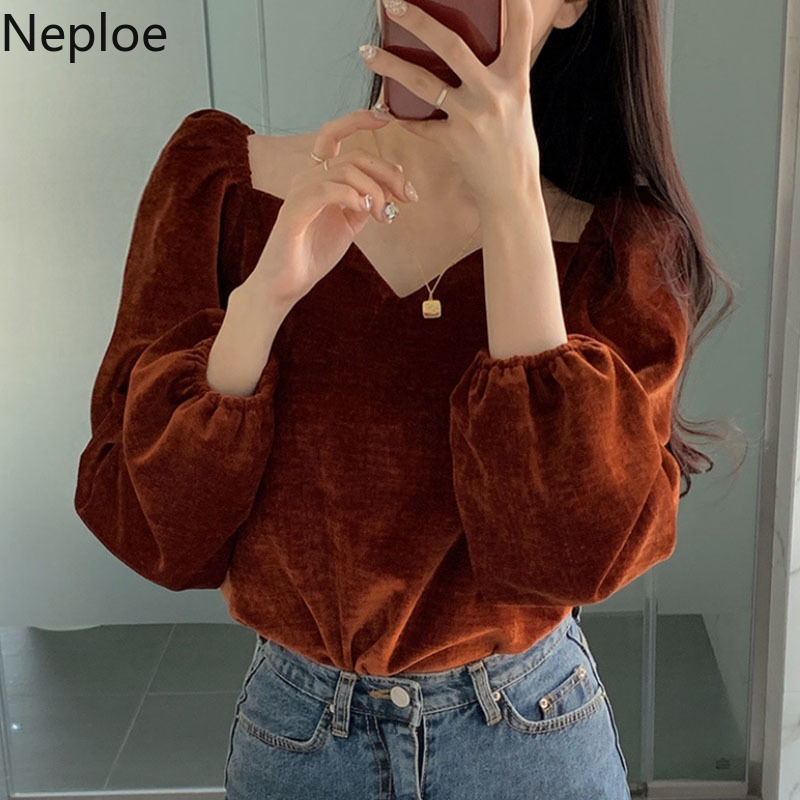 Neploe Vintage Blouse Women Sexy V-neck Temperament Shirts Tops Loose Solid Color Long Sleeve Blouses Chic Velvet Blusas 4H275 210422