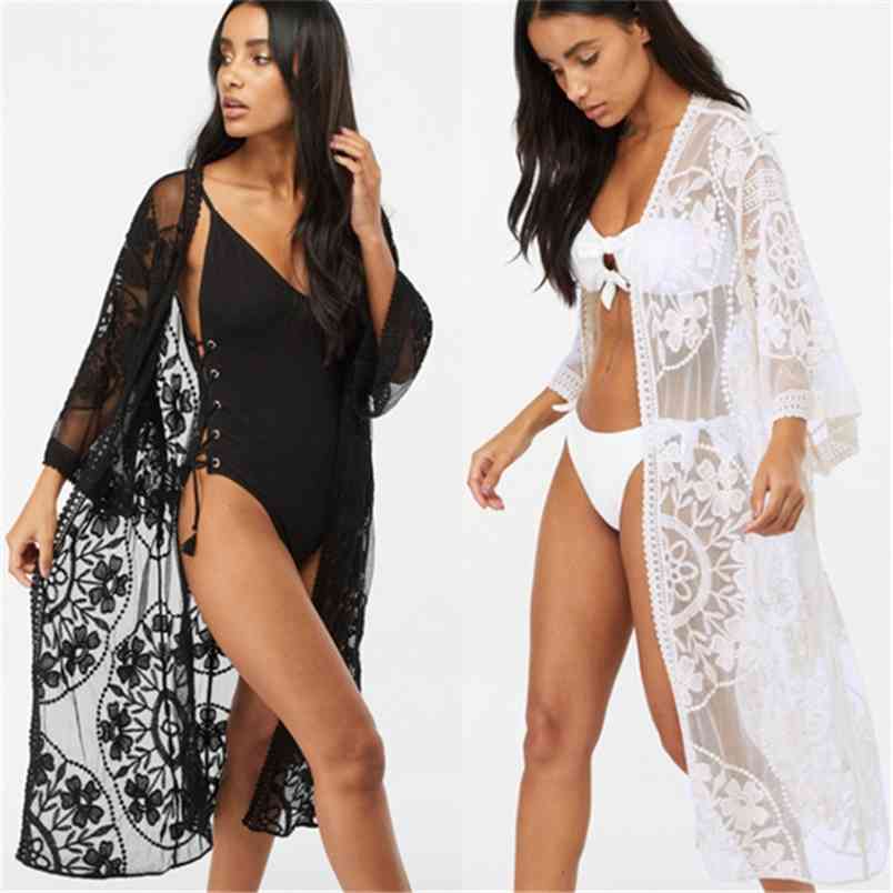 

Sexy Lace Mesh Patchwork Hollow Out Flower See-through White Beach Cover Up Summer Red Kaftans Swimming Suit Ups for Women 210604