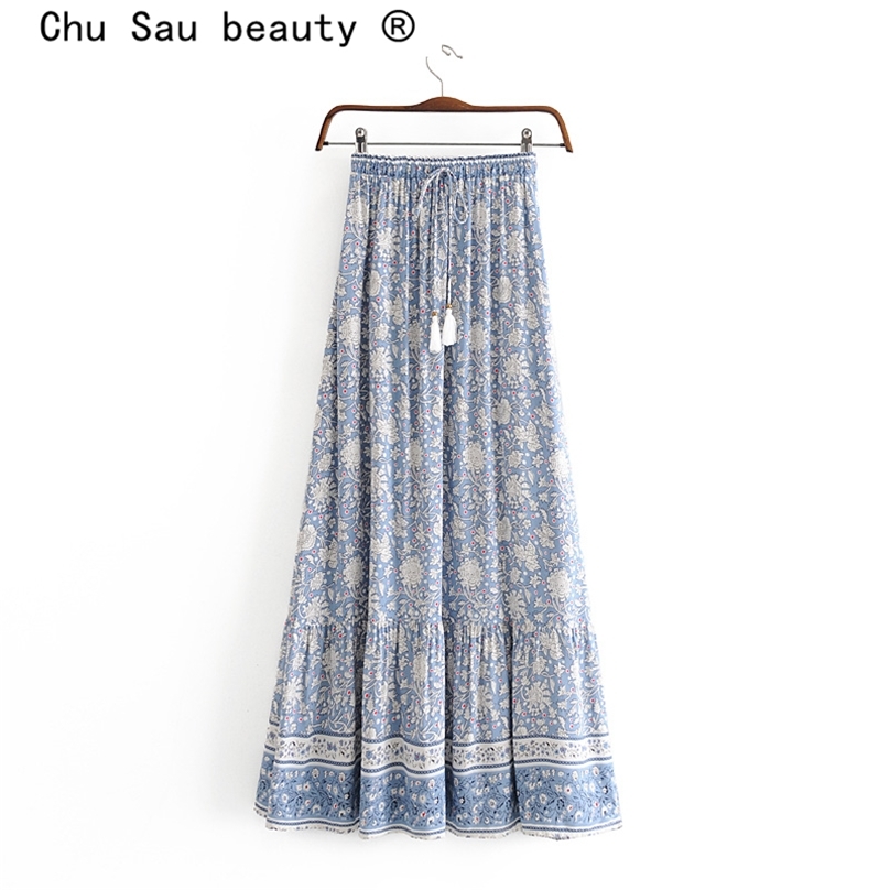 

Chu Sau beauty Fashion Boho Vintage Print Midi Skirts Women Holiday Style Elastic Waist Tassel Ladies Long Skirt 210629, Sw1311