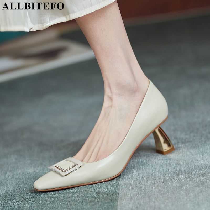 

ALLBITEFO high quality genuine leather gold heels wedding women shoes autumn/spring women high heels shoes high heel shoes 210611, As picture