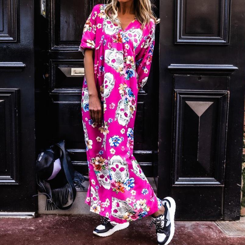 

vintage skull floral printed womens dress long party spring v neck loose maxi summer short sleeve casual beach dresses, Black;gray