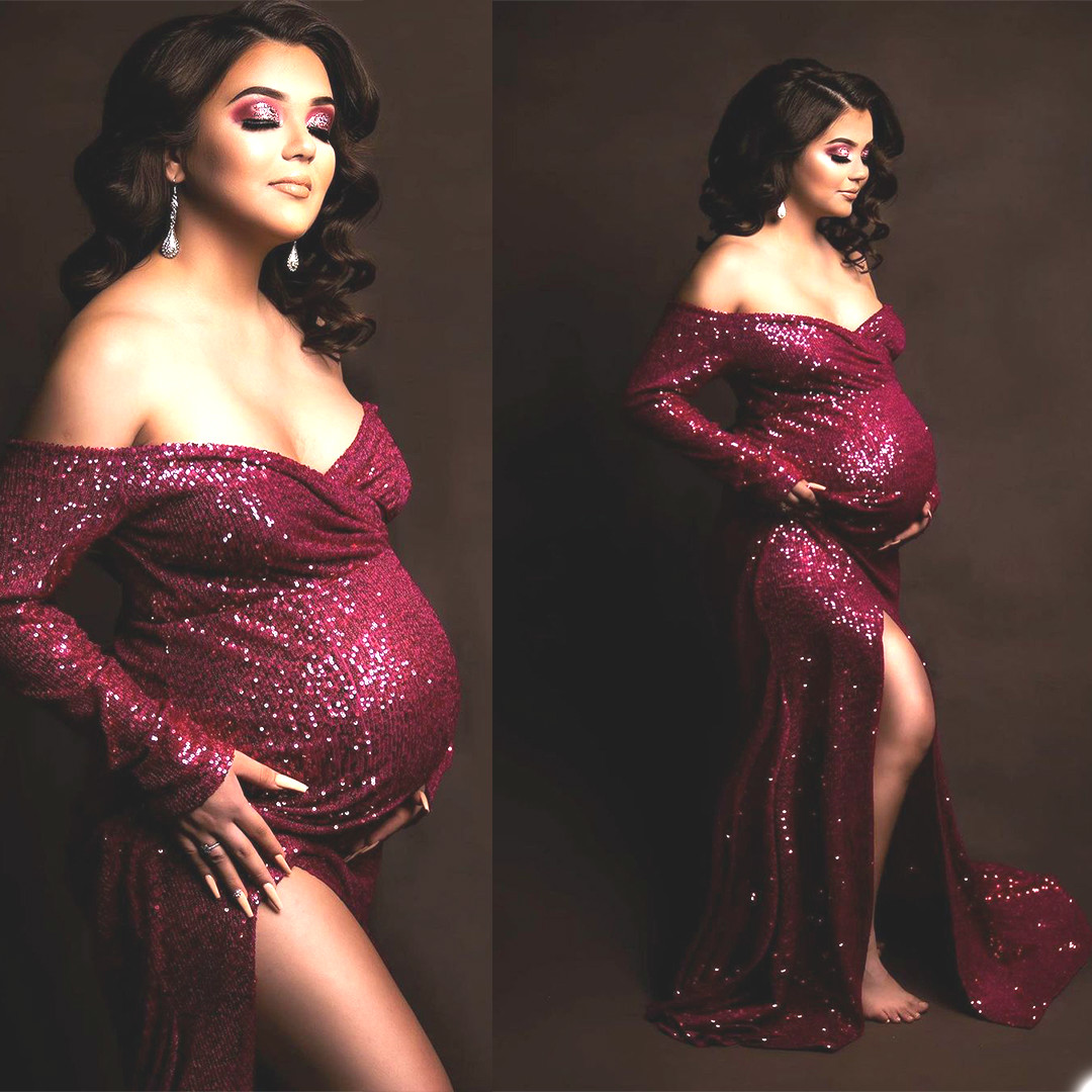 

Fashion Pregnant Women Photoshoot Dress Sleepwear Sparkly Sequins Off Shoulder Long Sleeve Party Evening Gown Bathrobe Nightdress