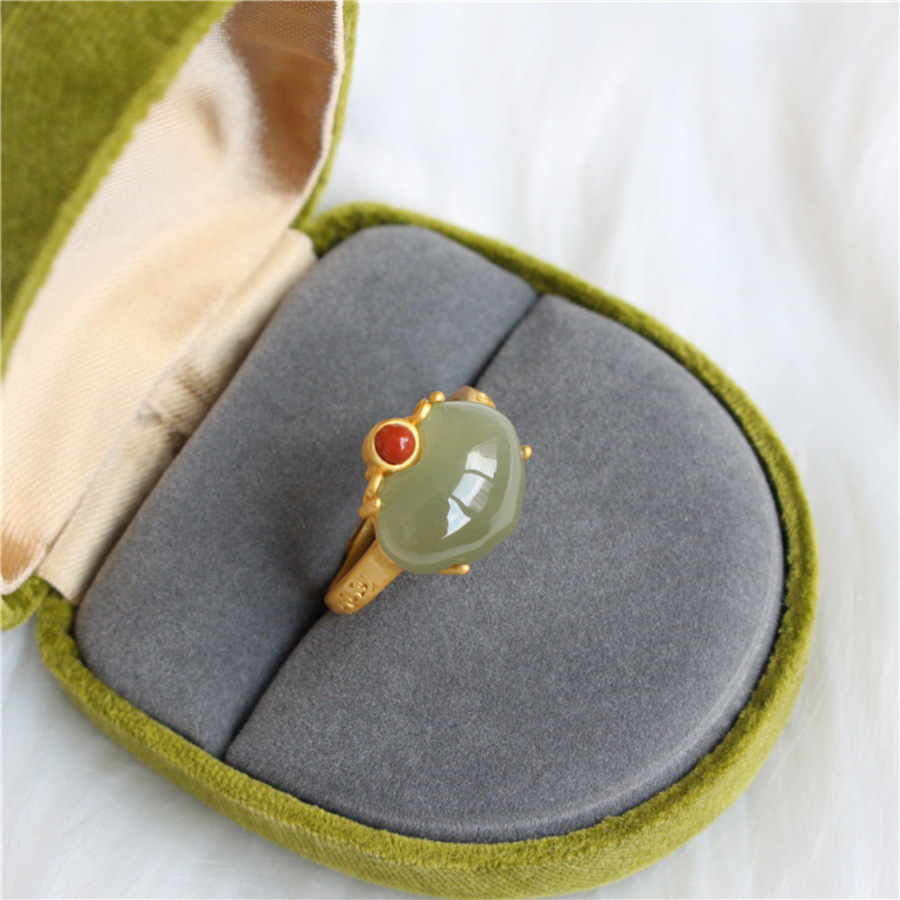 

Man Time S925 Pure Silver Gold Plated Peach Heart Natural and Green Jade Ring K3Y4