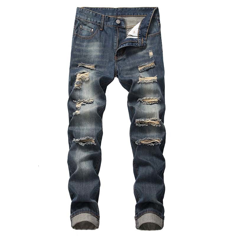 

Men's Jeans New Men Distressed Casual No Elasticity Pants Slim Ripped Denim Bleached Knee Holes Washed Destroyed High Quality Free, T-305 vintage