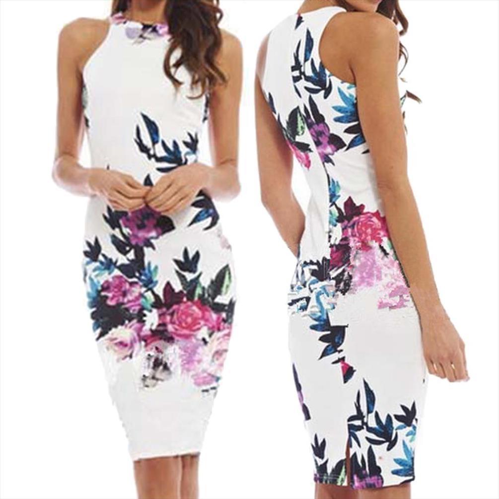 

dress bodycon women cami o neck sleeveless floral print banquet knee length, White