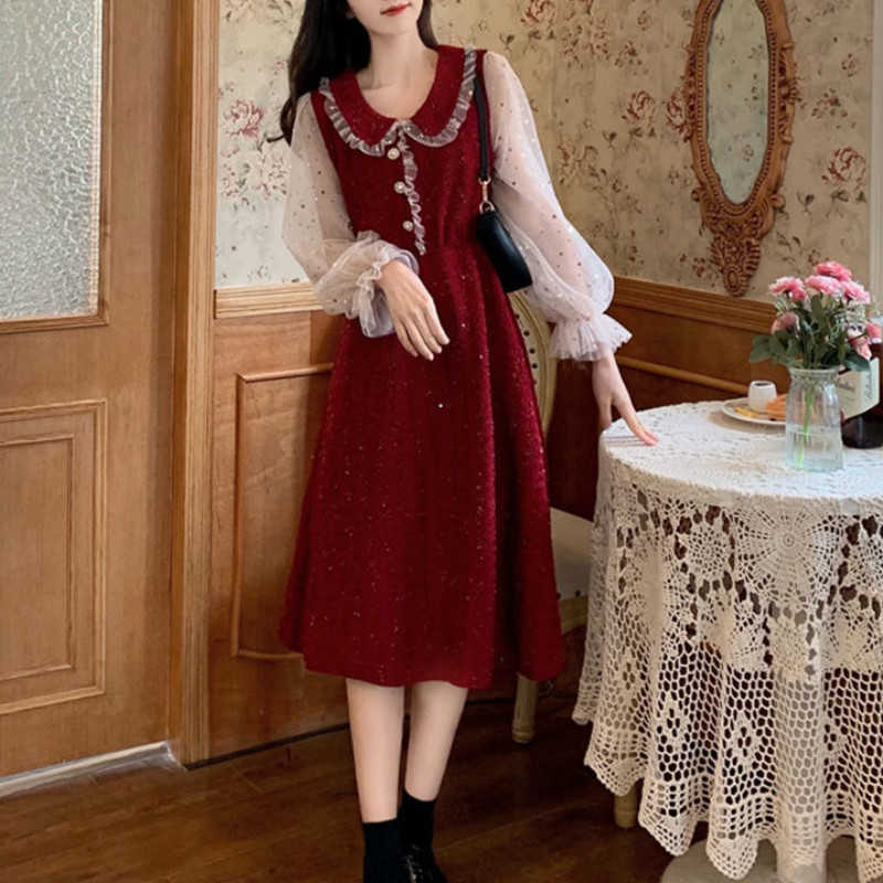 

French Vintage Sequin Dress Red Doll Collar Women Long Sleeve Fairy Korean Ladies Spring Clothing 210604, Black sequin dress