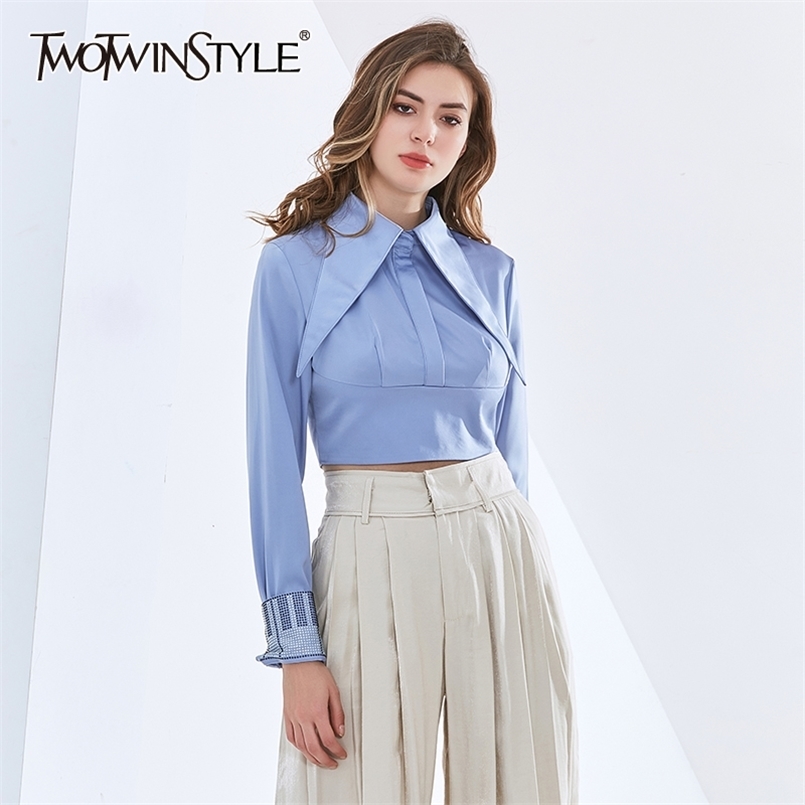 

Solid Blouses For Women Lapel Long Sleeve Ruched Loose Patchwork Diamonds Short Shirts Female Autumn Clothing 210524, Blue