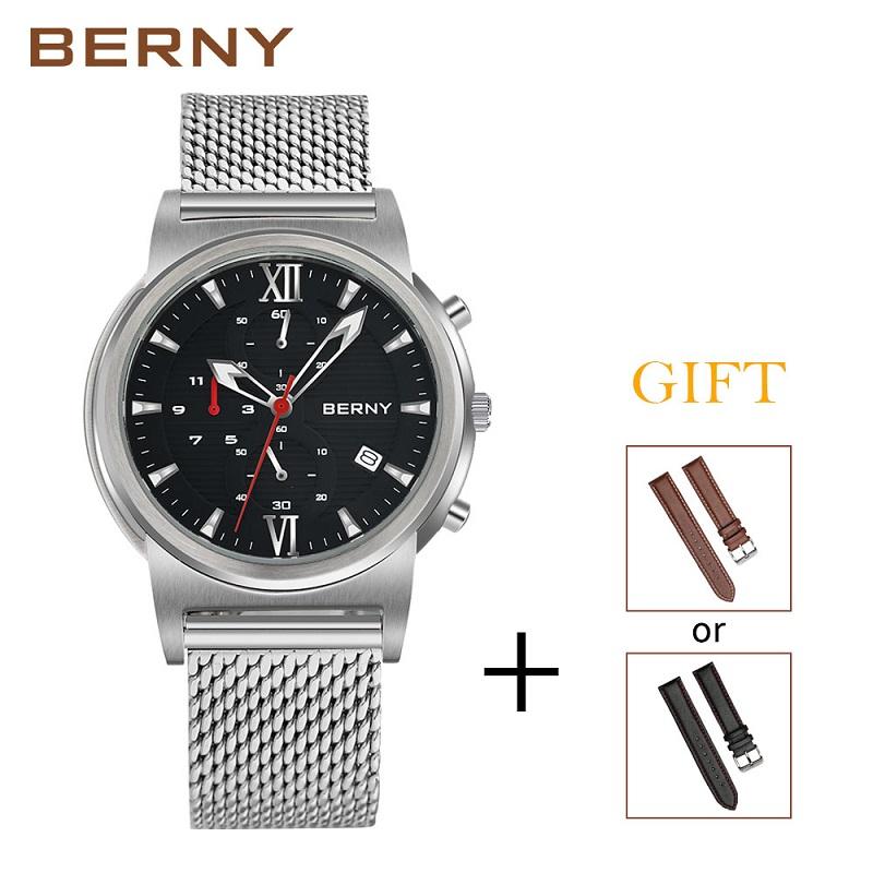 

Berny Men Watch Sport Quartz Boy Student Casul Fashion Leisure Relogio Waterproof JAPAN Male Clock2204VMS Wristwatches, Slivery;brown
