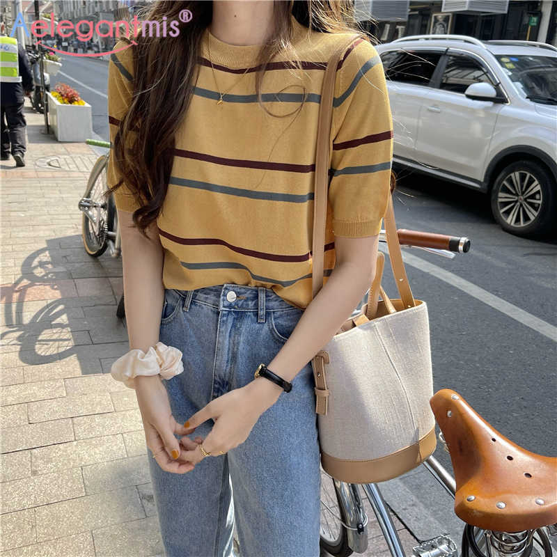 

Aelegantmis Knitted Short Women O Neck Striped Soft T Shirts Summer Cozy Casual Basis Korean Chic Female 3 Colors 210607, Apricot