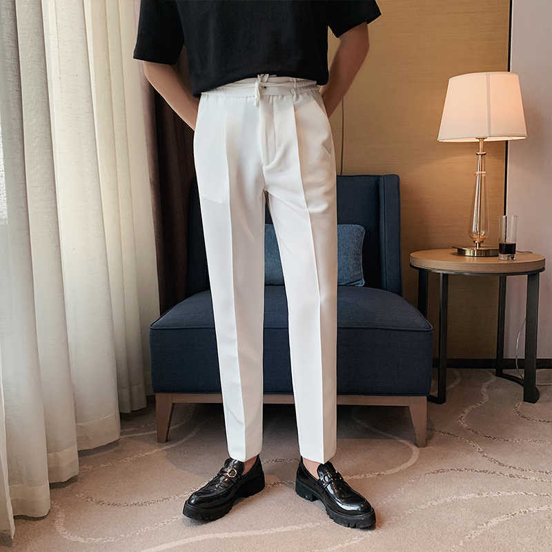 

Summer Men's Suit Pants British Business Dress Pants Korean Casual Trousers Solid Color Ankle Length Office Social Pants 210527, White