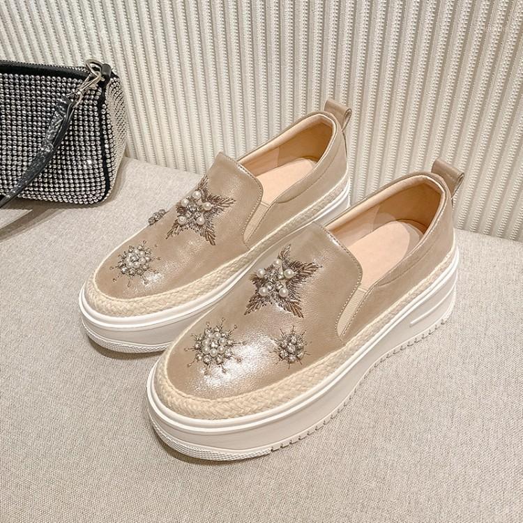 

2021 Women Pumps Soft Sheepskin Autumn Spring Crystal Slip On Black Color Round Toe Platform High Heels