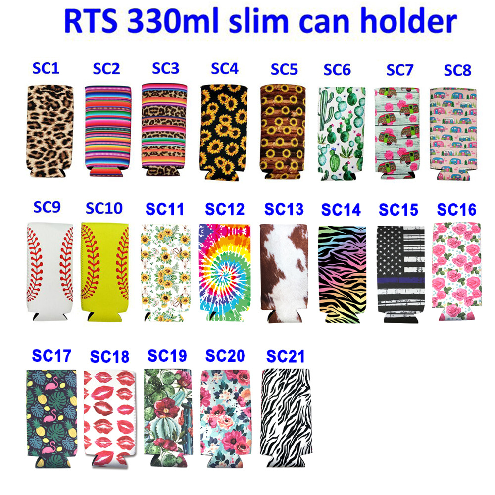 

21 Design Print Handle Collapsible Neoprene Slim Can Cooler Sleeves Covers Holder Insulated Tall Straight Case Bag Pouch Fit For 12oz standard Drink Beer Soda Cans
