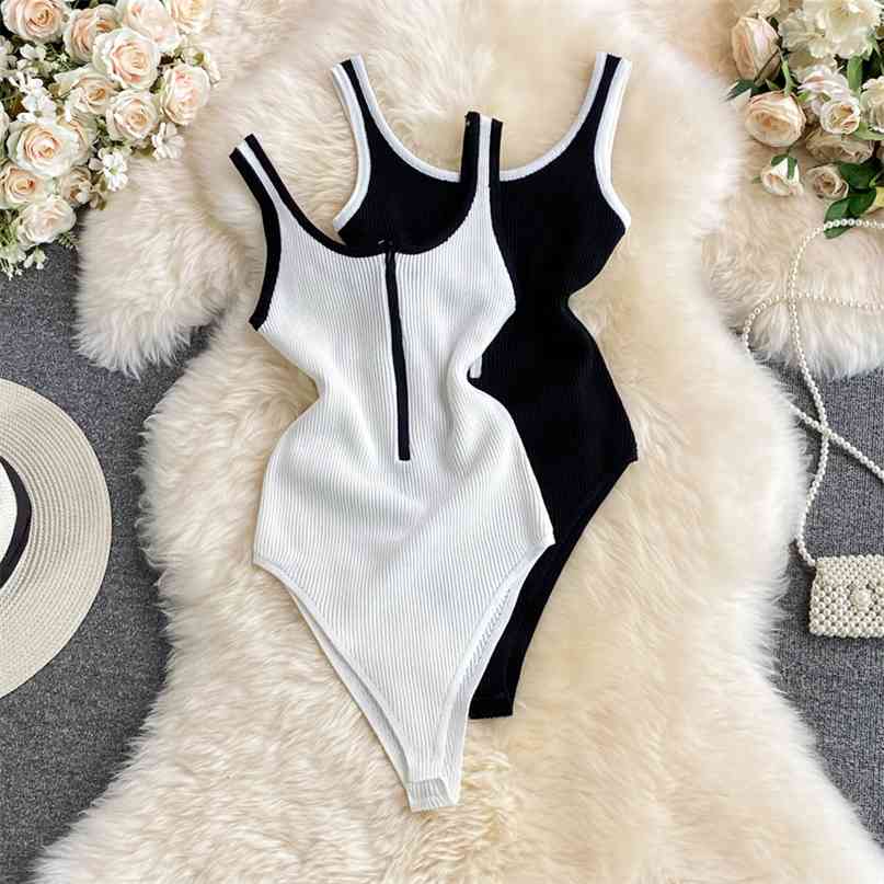 

Sexy Zipper up Bodysuit Women Fashion Striped O-neck Sleeveless Slim Skinny Knitted Body Top Female Bodysuits 210603, Khaki
