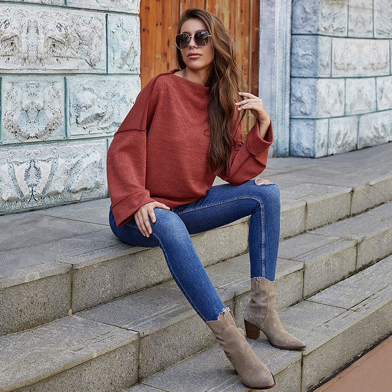 

INS Autumn and Winter Sweet round Neck Pullover Womens T-shirt Fashion Solid Color Long Sleeve Loose Knitted Bedford Cord Sweater, Embroidered red