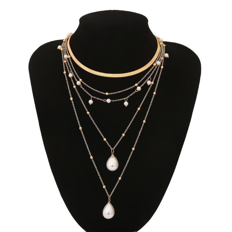 

Chains Bohemian Multi Layer Long Necklace For Women Imitation Pearl Choker Collars Statement Summer Jewelry, Silver