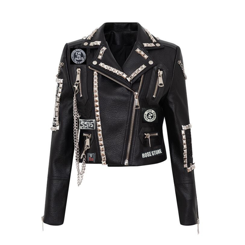 

Leather Jacket Women Print rivet Biker Jackets and Coats PUNK Streetwear Ladies Short Jacekt Outerwear clothes w1211, Black