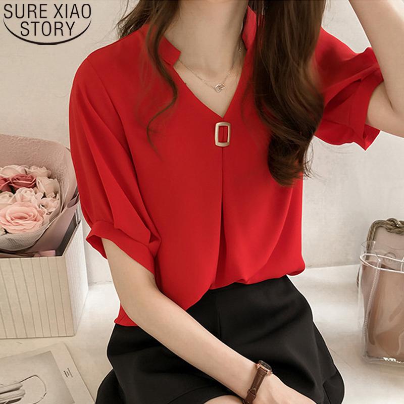 

Women's Blouses & Shirts Fashion Women 2022 Summer V-neck Short Sleeve Chiffon Casual Plus Size Loose S-4XL Ladies Tops Blouse 9313, White