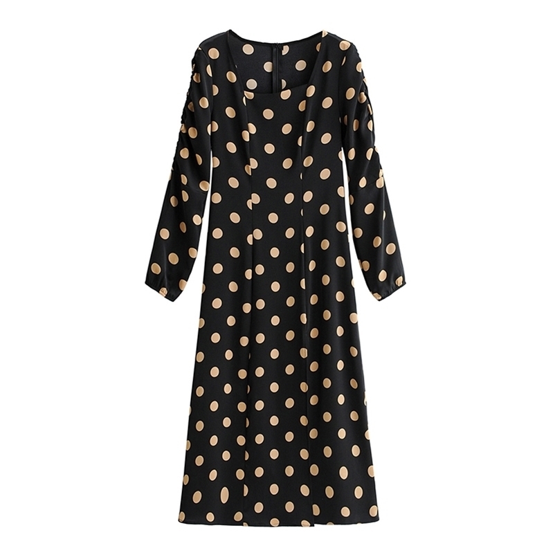 

Summer Women' Dots Dress Slim Fit Style Square Collar Mid-Length Long Sleeve 210524, Black