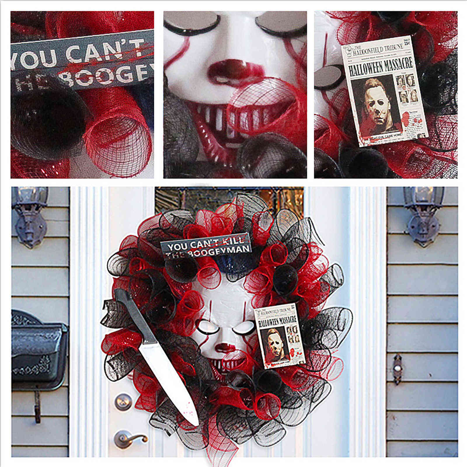 

Door Hanging Scary Clown Wreath With Knife And Poster Front Halloween Door Hanger Round Outdoor Hanging Vertical Sign Nice Q0812, White