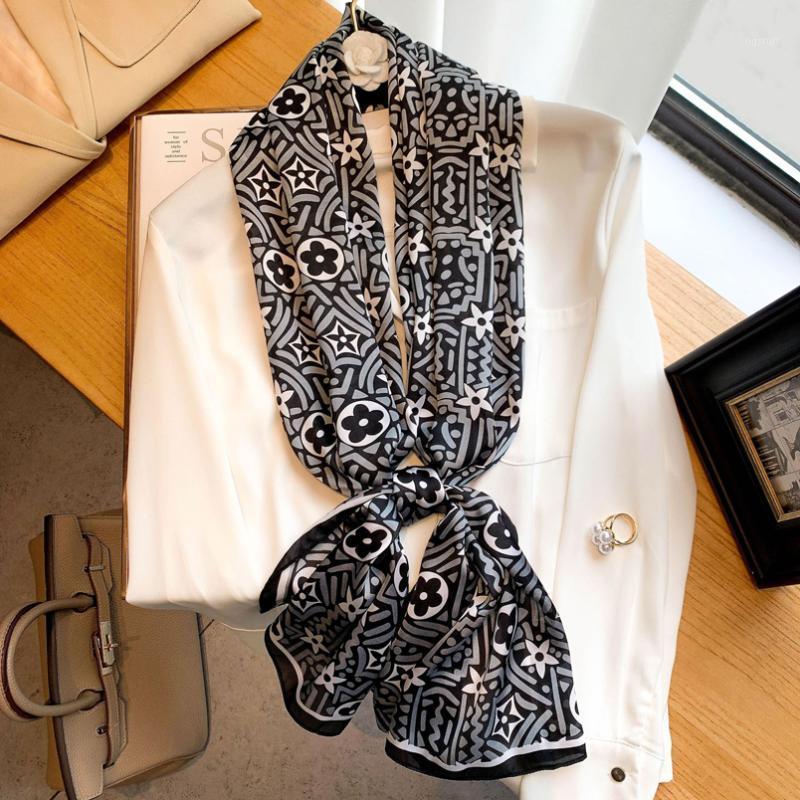 

Scarves Vintage Flower Multifunctional Silk Scarf Luxury Double-sided Printed Lady Long Winter Warm Neckerchief Women's Stole, Blue;gray
