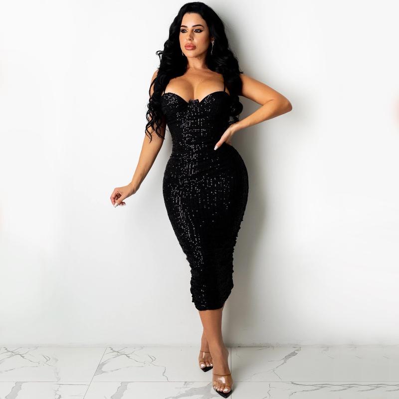 

Casual Dresses VBPB 2021 INS Heavy Industry Sequined Flaring High-end Spaghetti Strap Sleeveless Solid Young Sexy Skinny Women Midi Dress, Black;gray