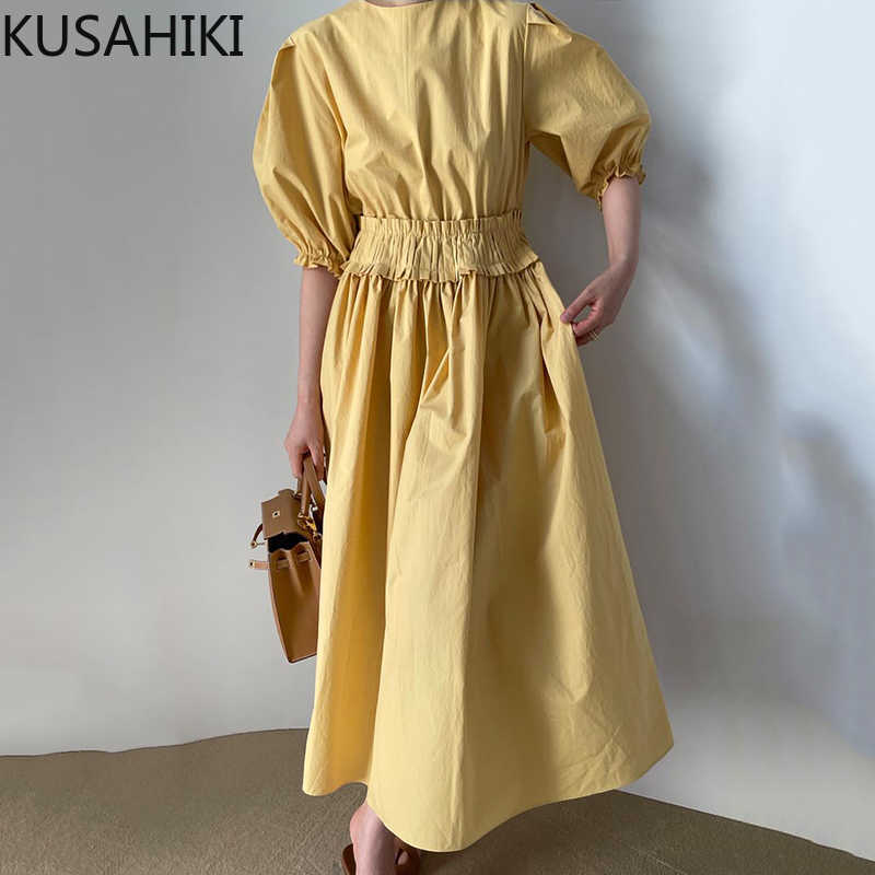 

KUSAHIKI Korean Chic Summer Puff Sleeve Dresses Stretch High Waist A-line Vestidos Femme Causal O-neck Woman Dress 6H639 210602, Yellow
