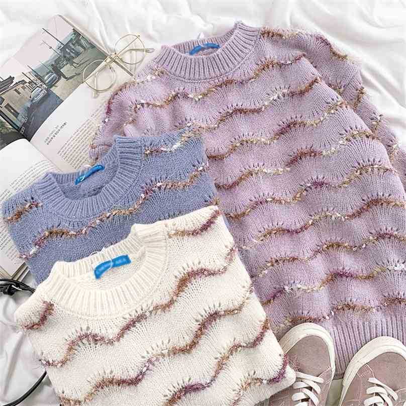 

Sweet Women Gold Thread Wave Sweater Autumn Winter Knitted Kawaii Woman Loose Long Sleeved Pullover Tops 210525, Purple