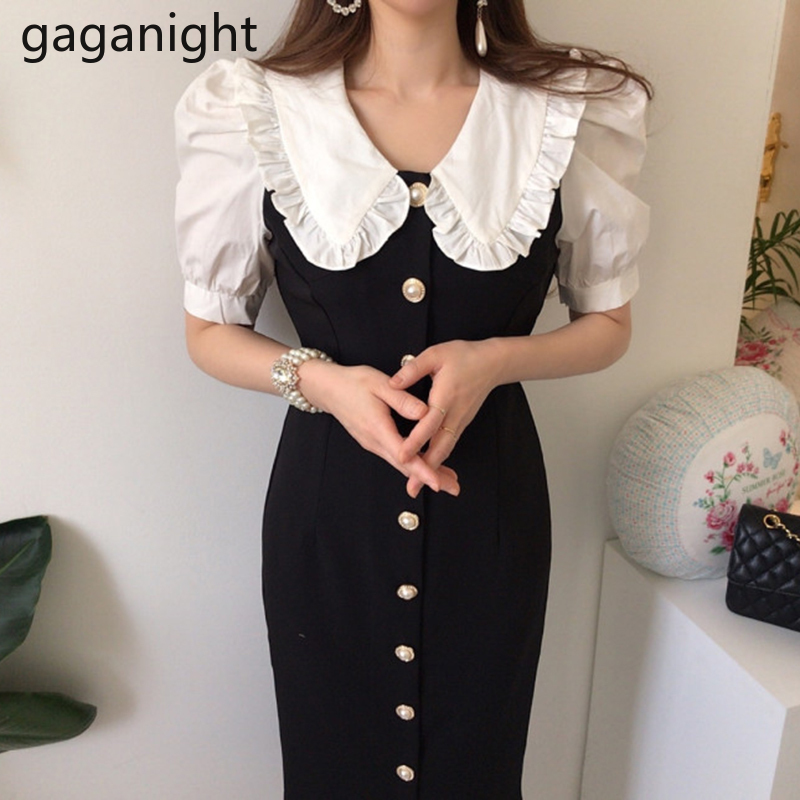 

Gaganight Dress Women Fashion Peter Pan Collar Puff Sleeve Single Breasted Slim Long Vestidos Korean Chic Robe Elegant Female 210519, Apricot