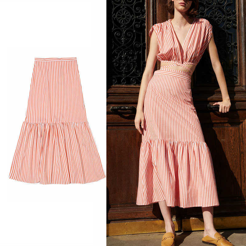 

Za Striped Pink Summer Skirt Women High Waist Pleat Elegant Midi Skirts Feminine Fashion Back Zip Ruffle Skrit 210602
