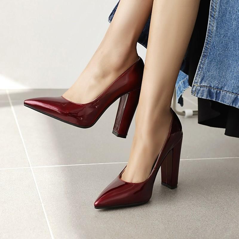 

Dress Shoes Women's Patent Leather Pumps Pointed Toe Classic High Heels Block Heel OL Party Wedding Lady Big Size 43, Beige