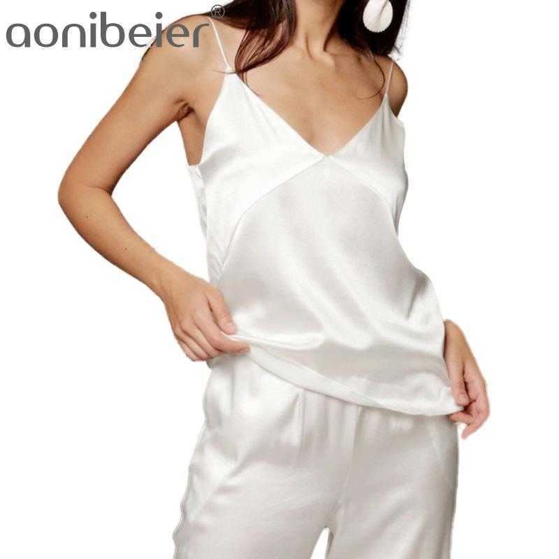 

White Black Satin Sexy Pajama V Neck Spaghetti Strap Loose Pants Intimate Lingerie Female Set Homewear Casual 210604
