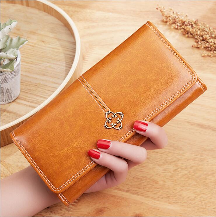 

Factory wholesale leather women wallets retro wax leathers long wallet street trend solid color womens clutch bag simple folding fashion storage purse, Grey22(boutique box)