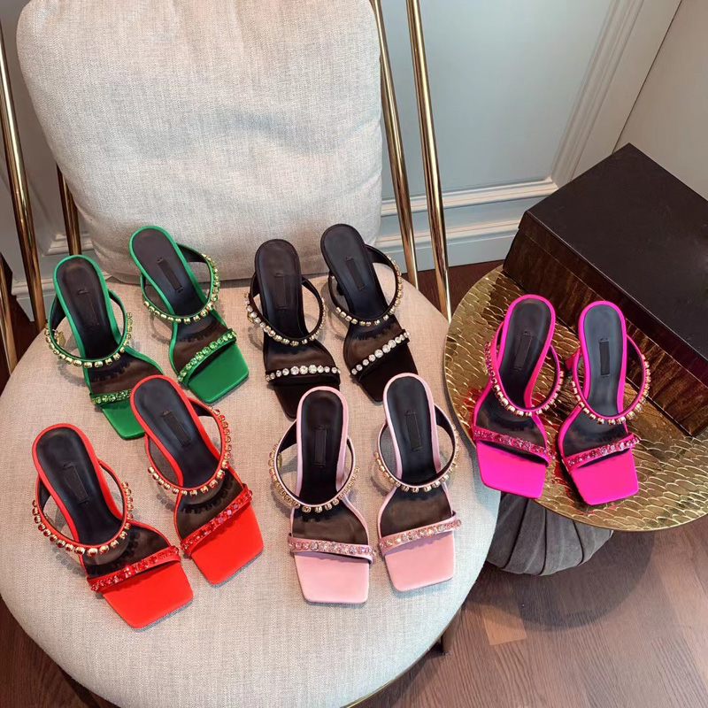 

Latest fashion leather crystal embellished strap slippers mules shoes Rhinestone spool Heel women's heels Luxury Designers heeled sandals factory footwear, Black